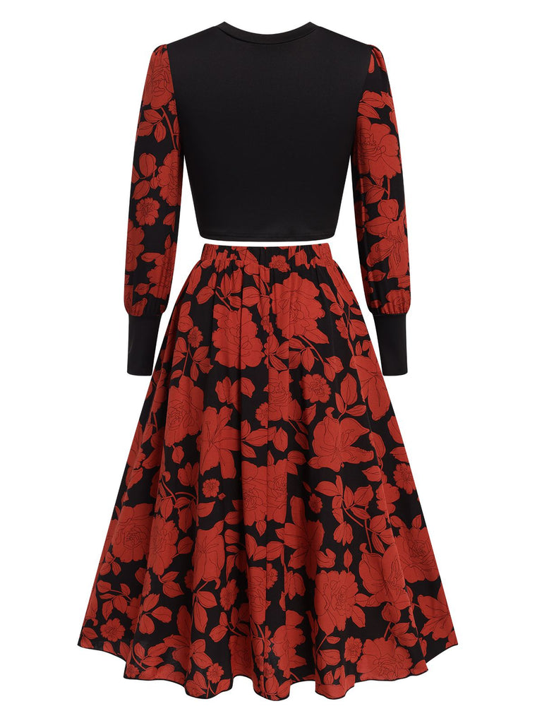Black&Red 1980s Floral Long Sleeves Top&Skirt, vintage skirt, retro style - perfect for women who love vintage and retro fashion