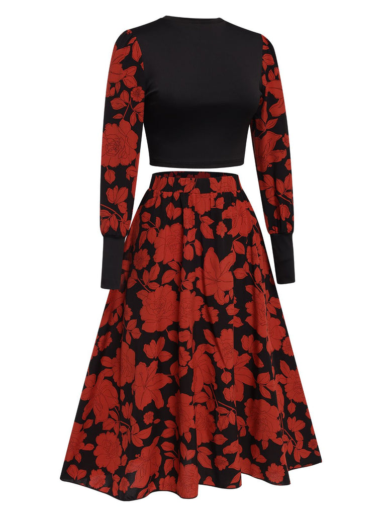 Black&Red 1980s Floral Long Sleeves Top&Skirt, vintage skirt, retro style - perfect for women who love vintage and retro fashion