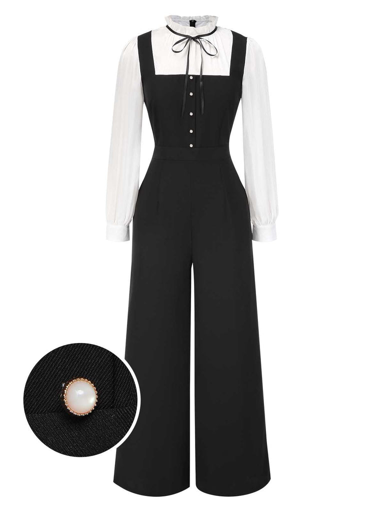 Black&White 1930s Bow Ruffled Collar Jumpsuit - vintage jumpsuit, retro fashion, classic black