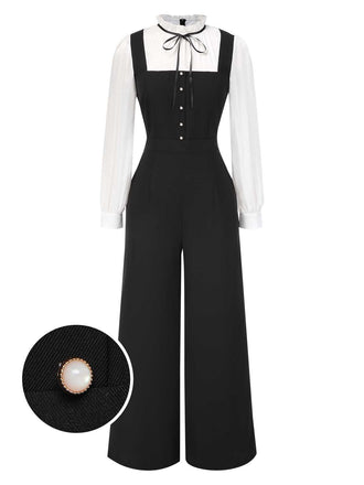 Black&White 1930s Bow Ruffled Collar Jumpsuit - vintage jumpsuit, retro fashion, classic black