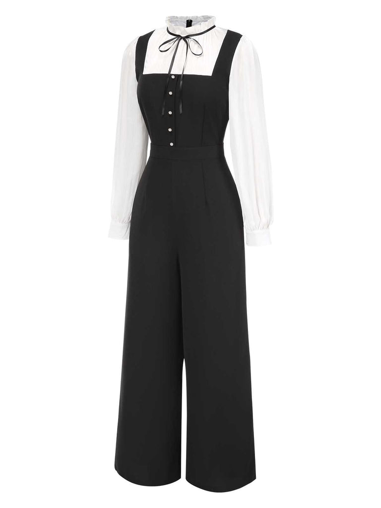 Black&White 1930s Bow Ruffled Collar Jumpsuit - vintage jumpsuit, retro fashion, classic black