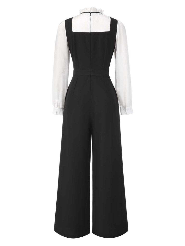 Black&White 1930s Bow Ruffled Collar Jumpsuit - vintage jumpsuit, retro fashion, classic black