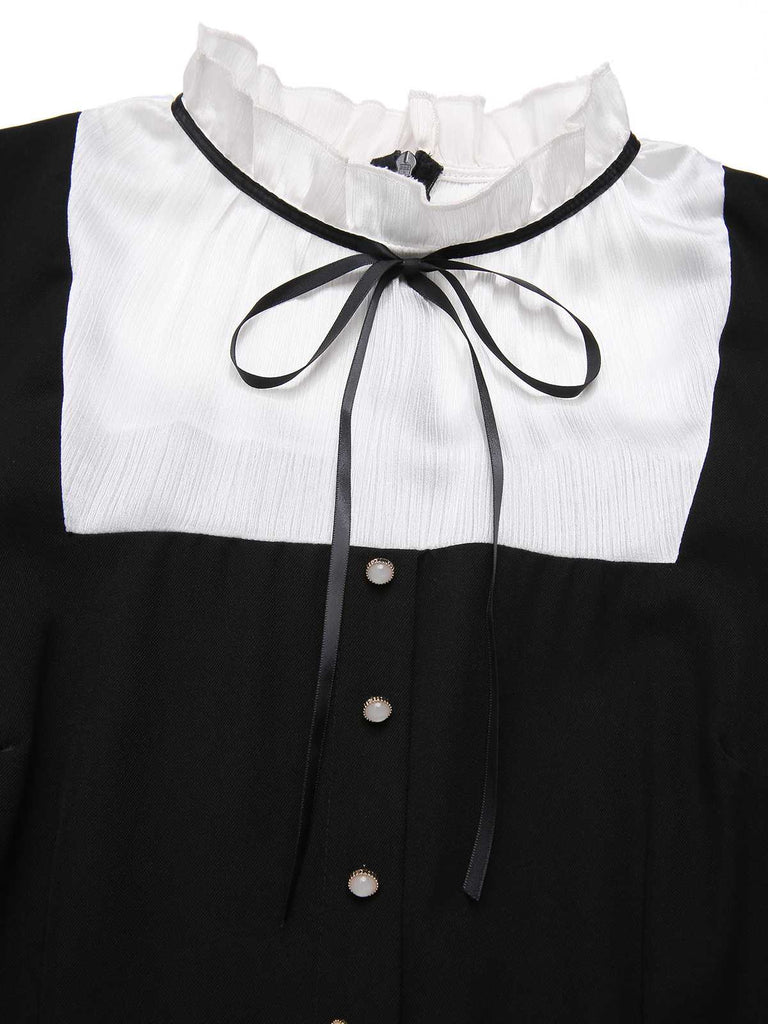 Black&White 1930s Bow Ruffled Collar Jumpsuit - vintage jumpsuit, retro fashion, classic black