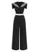 Black jumpsuit with white trim and belt on a white background