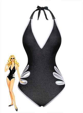 Black one-piece swimsuit with white accents on a white background