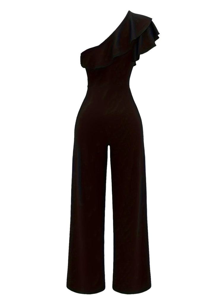 Black 1980s Solid One-Shoulder Ruffled Jumpsuit