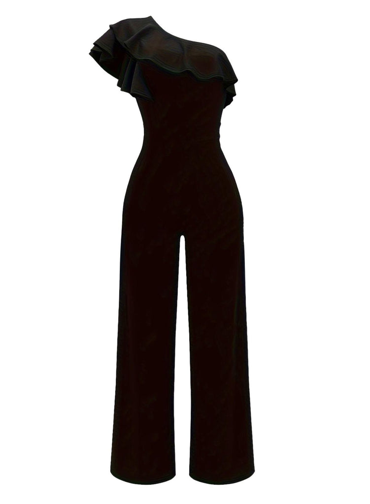 Black one-shoulder jumpsuit on a white background