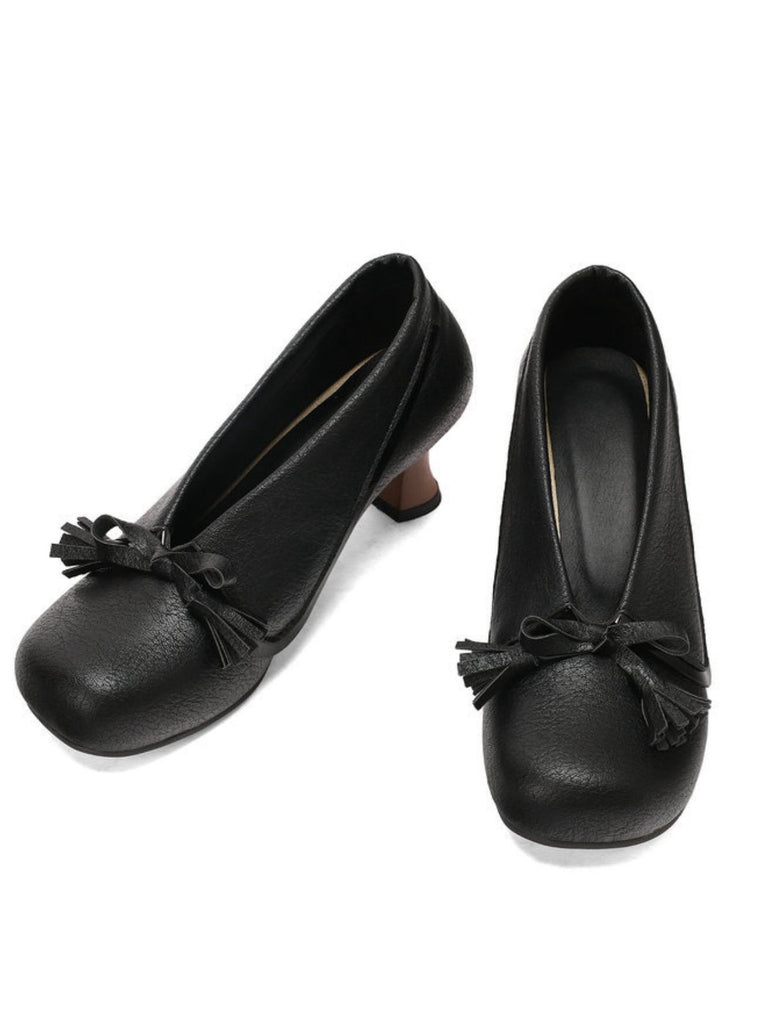 Retro Bow PU Round-Toe Chunky Heel Shoes