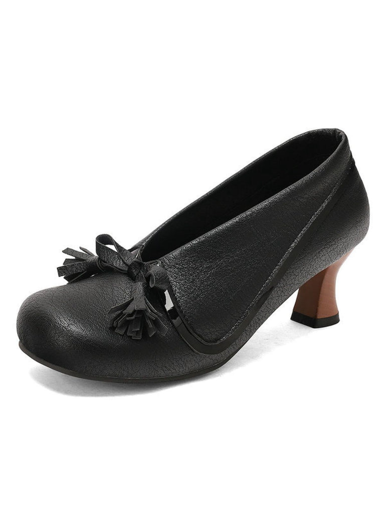 Retro Bow PU Round-Toe Chunky Heel Shoes