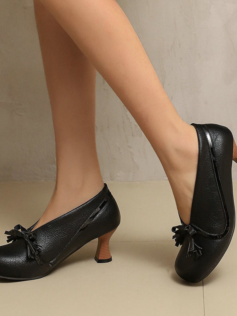 Retro Bow PU Round-Toe Chunky Heel Shoes