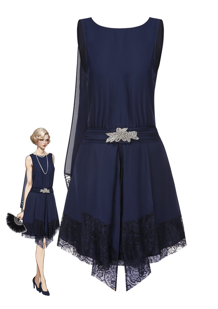 Blue 1920s Lace Patchwork Rhinestone Dress, vintage dress, retro fashion, Gatsby party, flapper style - perfect for women who love vintage and retro fashion