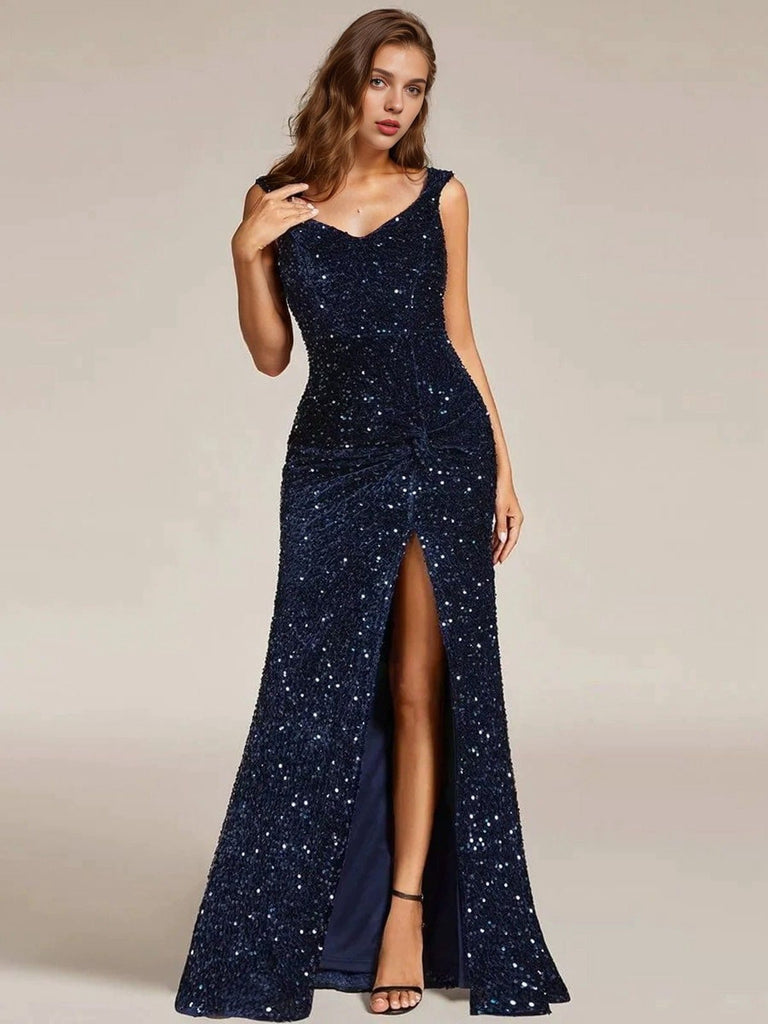 Blue 1920s Velvet Sequined High-Slit Long Dress - vintage dress, retro fashion, Gatsby party