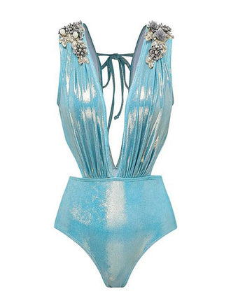 She's wearing Blue 1930s Beading Shimmery One-Piece Swimsuit and the whole beach remembers the 1930s