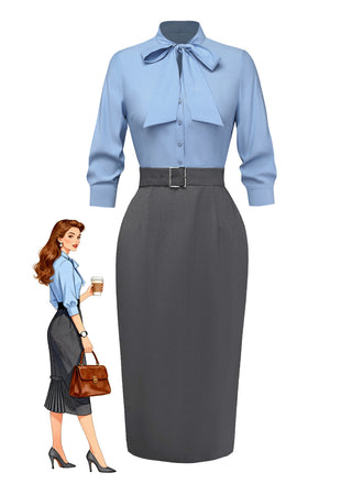 Blue 1930s Bow Tie Belted Pencil Dress - vintage dress, retro fashion