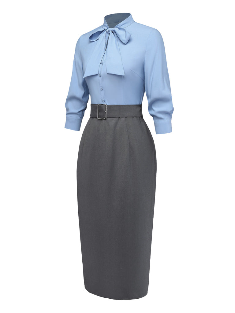 Blue 1930s Bow Tie Belted Pencil Dress - vintage dress, retro fashion