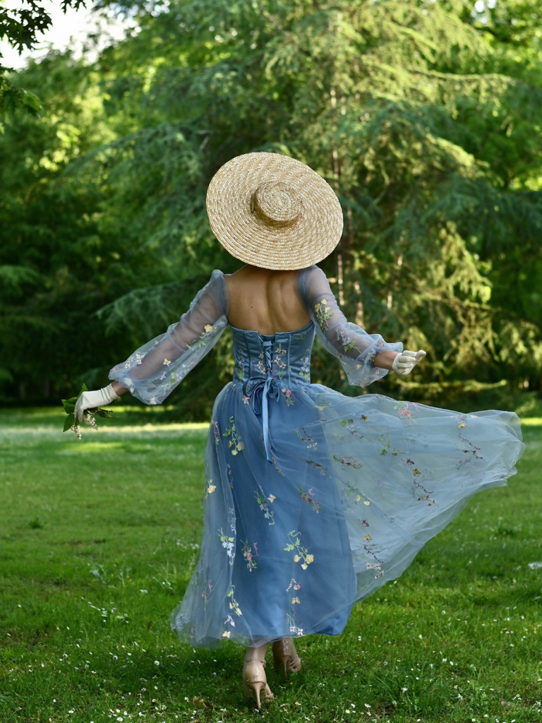Blue 1930s Floral Embroidered Mesh Long Sleeve Dress, vintage dress, retro fashion, floral print - perfect for women who love vintage and retro fashion