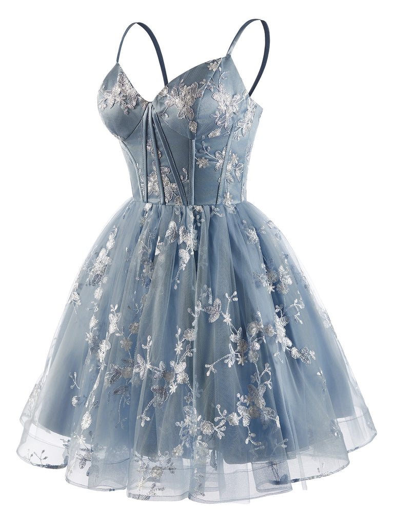 Blue 1930s Floral Halter Mesh Dress 3
