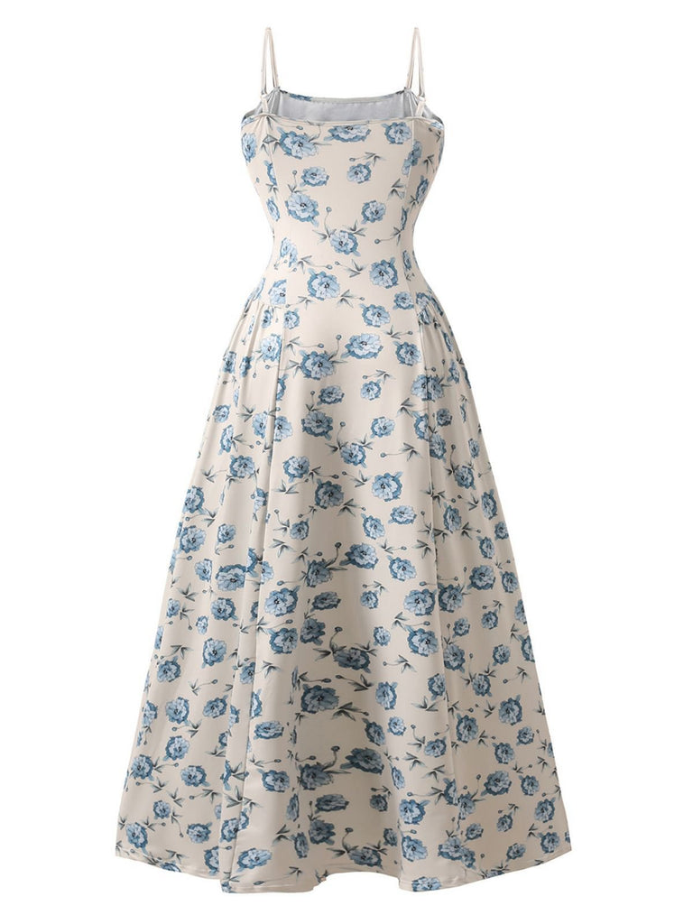 Blue 1930s Floral Spaghetti Strap Maxi Dress - vintage dress, retro fashion