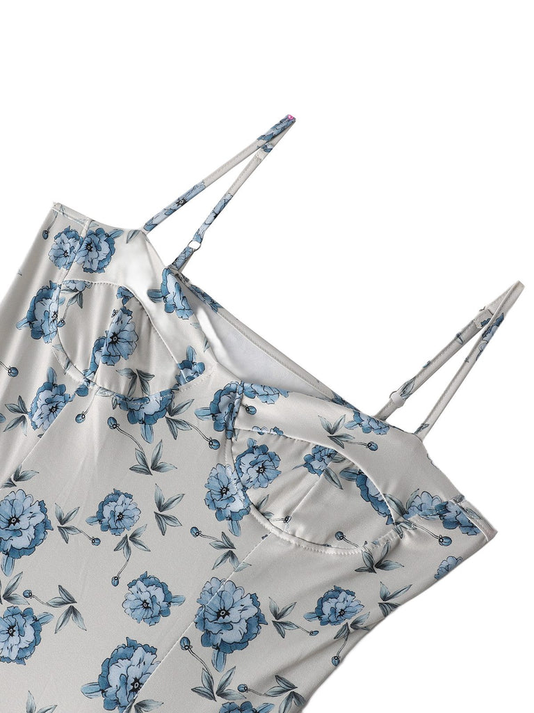 Blue 1930s Floral Spaghetti Strap Maxi Dress - vintage dress, retro fashion
