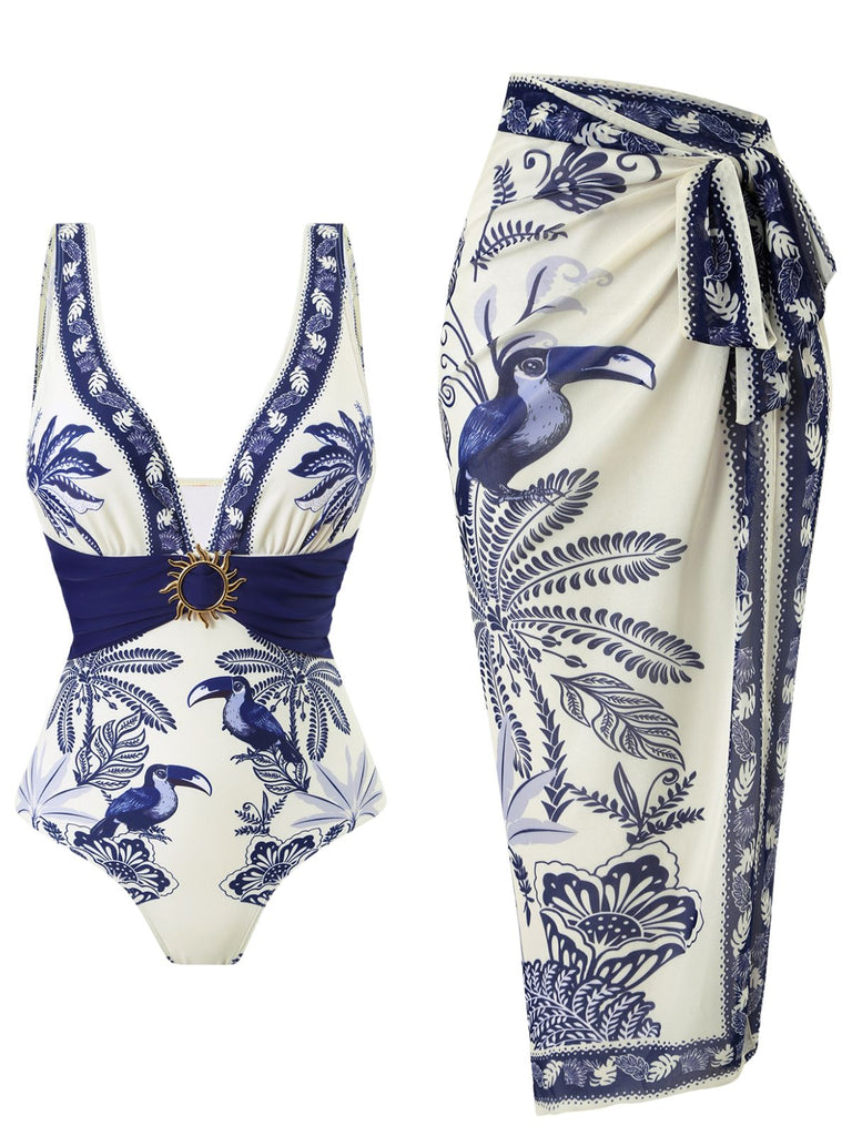 Blue 1930s Flower & Bird One-Piece Swimsuit & Cover-Up - vintage swimsuit, pin-up swimwear for vintage lovers