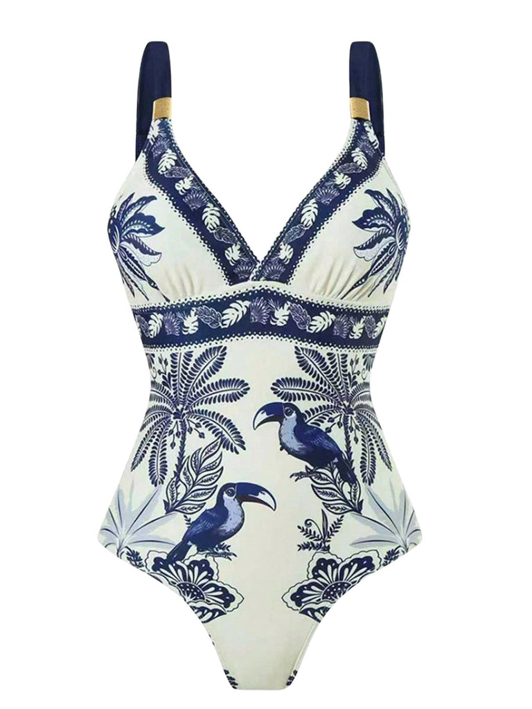 Blue 1930s Flower & Bird One-Piece Swimsuit & Cover-Up - vintage swimsuit, pin-up swimwear for vintage lovers