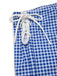 Blue and white checkered shorts with a drawstring on a white background