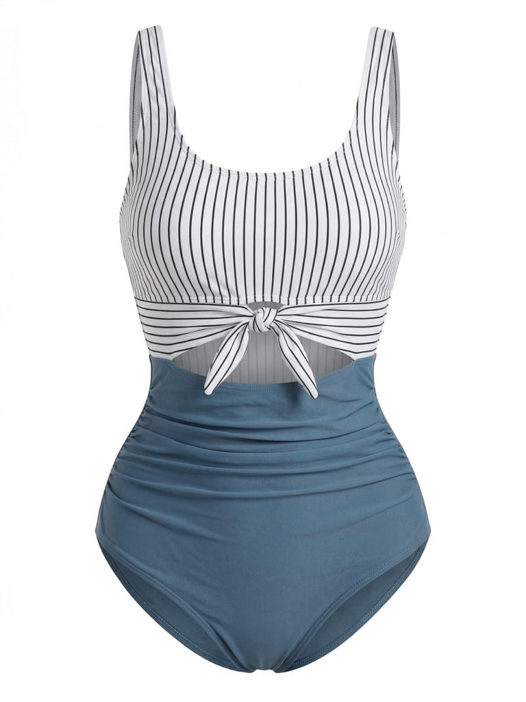 Blue 1930s High-Waist Stripe Cutout One-Piece Swimsuit - vintage swimsuit, pin-up swimwear for vintage lovers