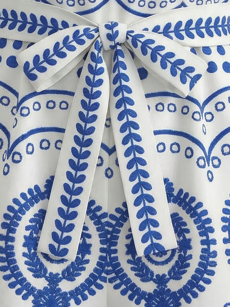 Blue 1930s Holiday Positioning Print Belted Romper: beautiful vintage romper, retro jumpsuit, playful style with timeless appeal