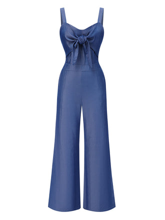 She finds her 1930s story in this Blue 1930s Solid Tencel Denim Knotted Jumpsuit
