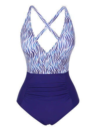 She's wearing Blue 1930s Strap Stripes Patchwork One-Piece Swimsuit and the whole beach remembers the 1930s