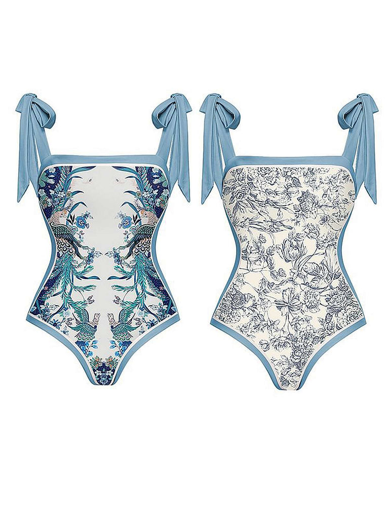 This Blue 1930s Straps Reversible Swimsuit carries 1930s vacation dreams in every stitch