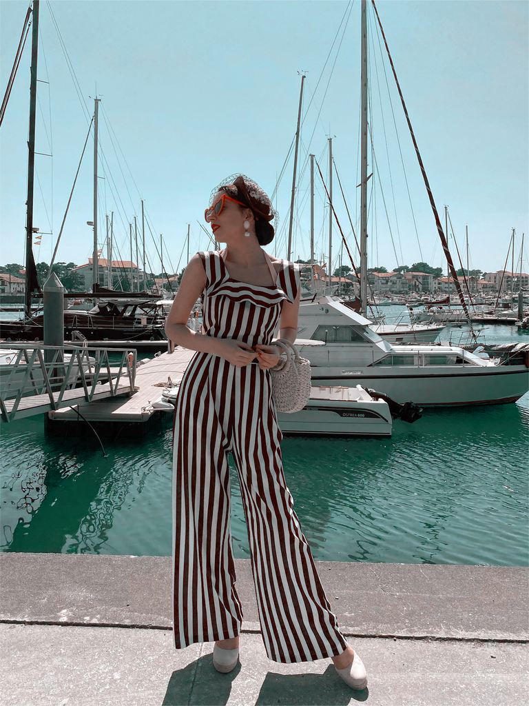 Blue 1930s Striped Ruffle Jumpsuit — vintage elegance for the modern woman
