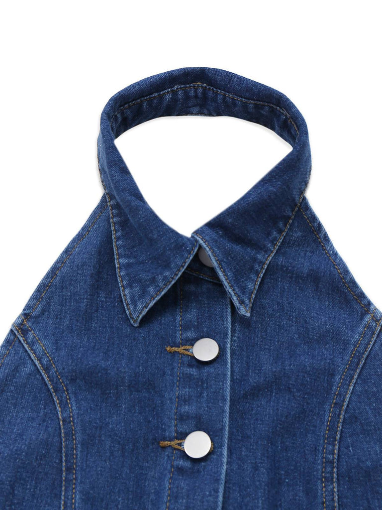 Blue 1930s Lapel Sleeveless Wideleg Denim Jumpsuit - vintage jumpsuit, retro fashion