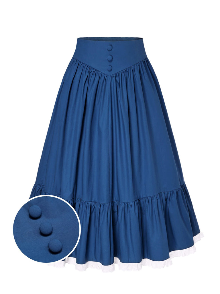 Blue 1940s Cotton Lace Hem Pleated Skirt: 1940s grace for the woman who dances through life