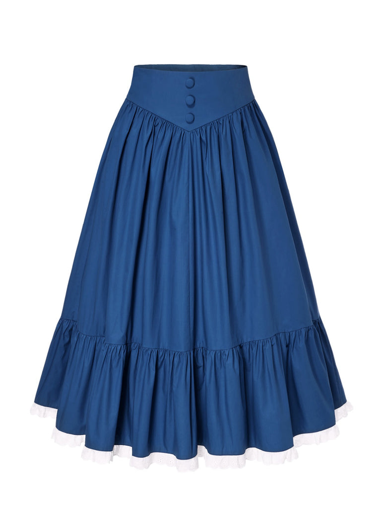 2PCS 1940s Cotton Cream V-Neck Top & Blue Pleated Skirt: a 1940s classic that whispers rather than shouts