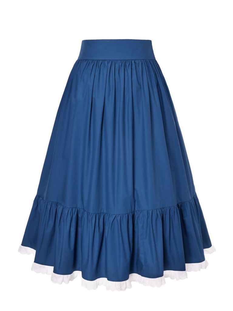 2PCS 1940s Cotton Cream V-Neck Top & Blue Pleated Skirt — 1940s elegance she can wear anywhere
