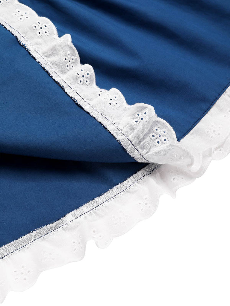 She pairs this 2PCS 1940s Cotton Cream V-Neck Top & Blue Pleated Skirt with confidence and 1940s charm