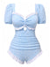 She's wearing Blue 1940s Ditsy Floral Ruffles One-Piece Swimsuit and the whole beach remembers the 1940s
