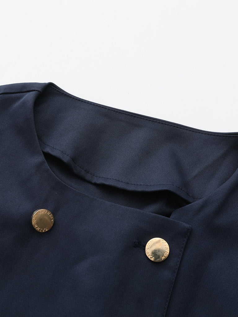 Blue 1940s Double-Breasted Round Neck Trench Coat - vintage fashion, retro style