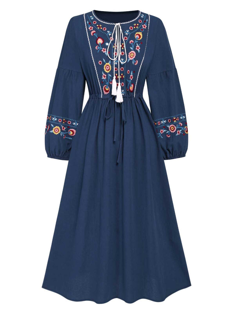 Blue 1940s Embroidered Floral Lantern Sleeve Dress: where 1940s romance meets her modern spirit