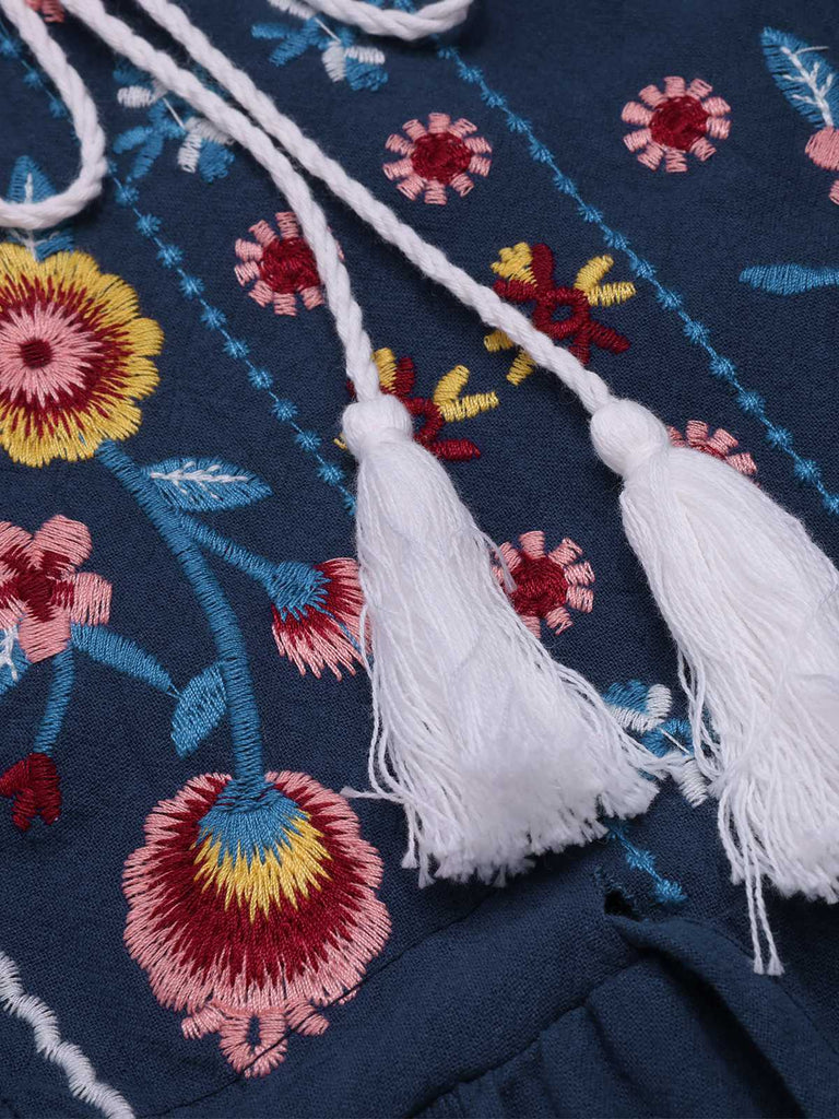 Blue 1940s Embroidered Floral Lantern Sleeve Dress — the kind of 1940s dress that makes strangers smile