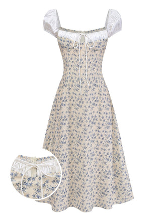 Blue 1940s Floral Colorblock Bow Tie Vintage Dress - vintage dress, retro fashion, elegant style for vintage lovers