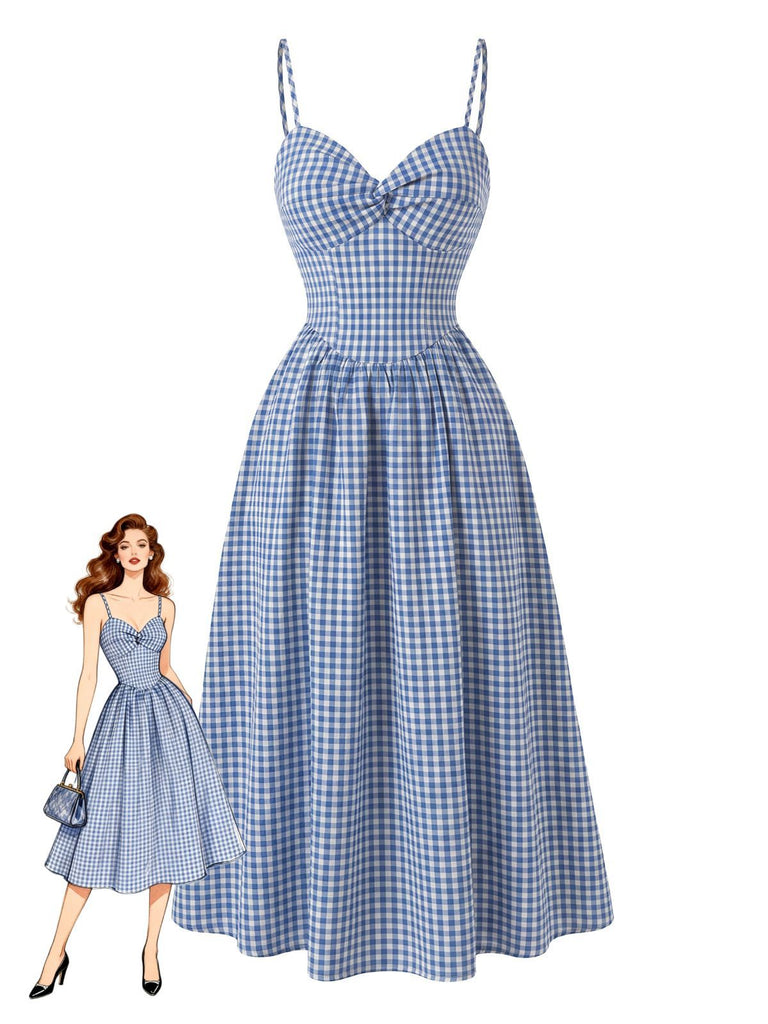 Blue 1940s Gingham Plaid Spaghetti Strap Dress, vintage dress, retro fashion - perfect for women who love vintage and retro fashion