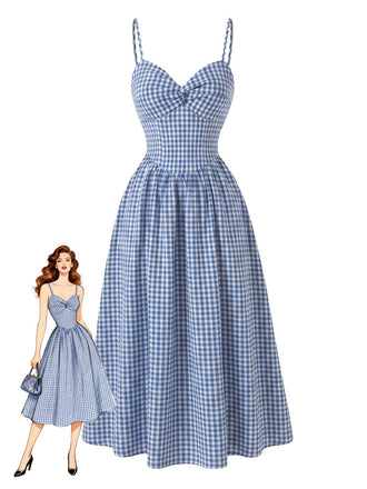 Blue 1940s Gingham Plaid Spaghetti Strap Dress, vintage dress, retro fashion - perfect for women who love vintage and retro fashion