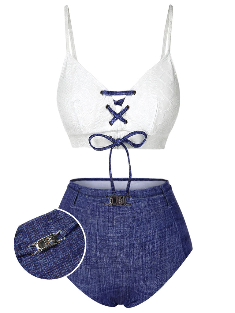 Blue 1940s Lace-Up Halter Faux Denim Bikini Set, vintage swimsuit, pin-up swimwear, retro beach style, women, elegant