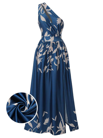 She slips into this Blue 1940s One-Shoulder Plants Slit Dress and suddenly it's a 1940s daydream