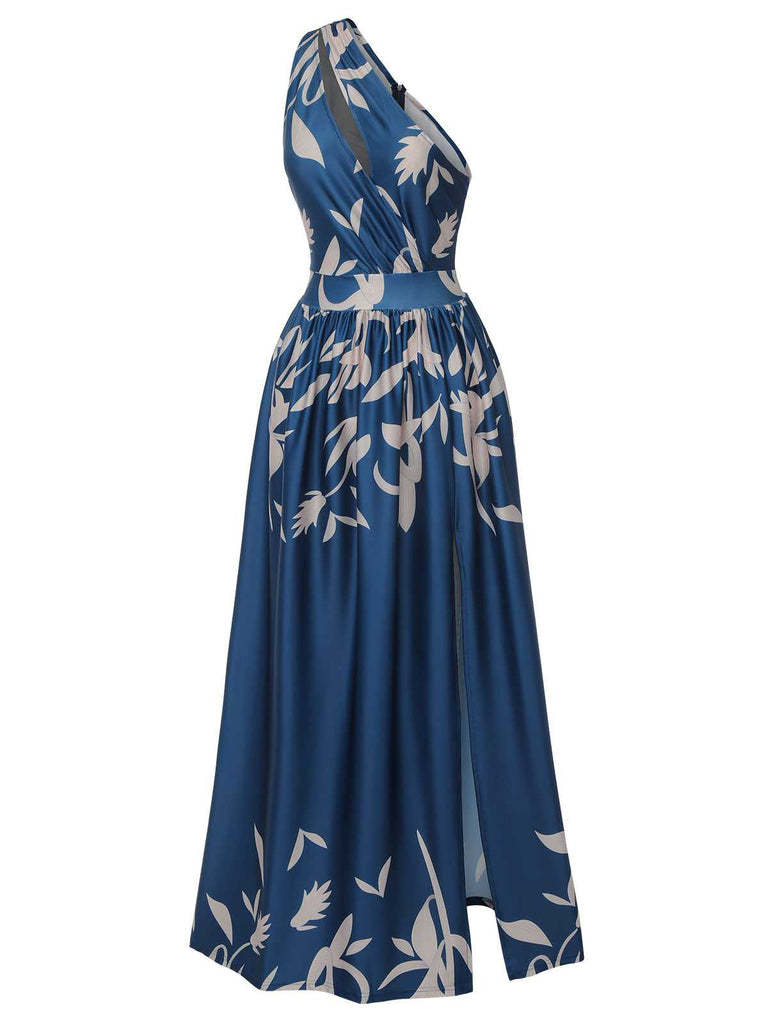 This Blue 1940s One-Shoulder Plants Slit Dress wraps her in 1940s elegance, one twirl at a time