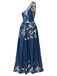 Blue 1940s One-Shoulder Plants Slit Dress — the kind of 1940s dress that makes strangers smile