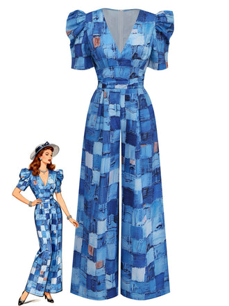 Blue 1940s Patchwork Puff-Sleeve V-Neck Jumpsuit - vintage jumpsuit, retro fashion
