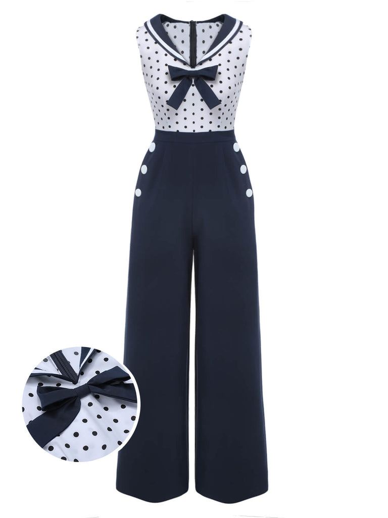 She finds her 1940s story in this Blue 1940s Polka Dot Bow Lapel Jumpsuit